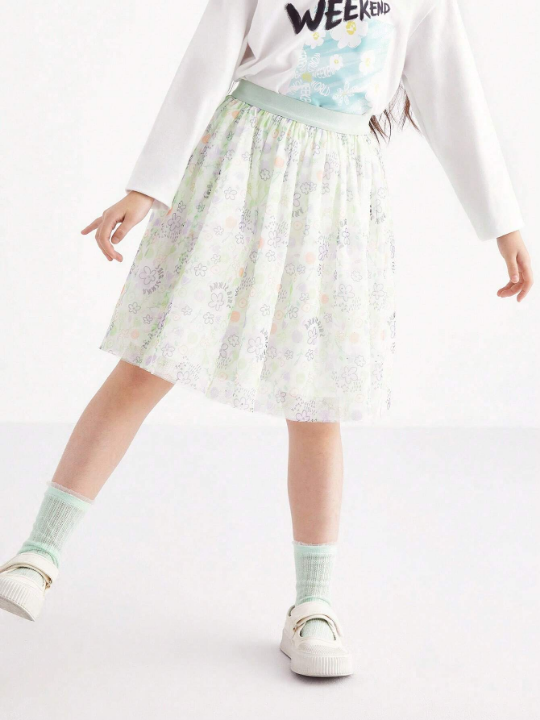 Annil Kids Skirts Spring And Autumn Princess Style Fluffy Design Star Printed Mesh Tween Girls Skirts Green