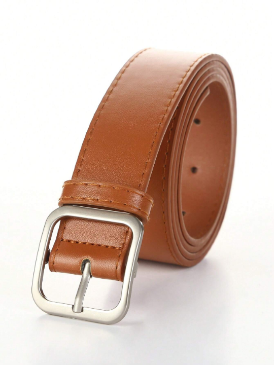 1pc Men's Fashionable Ins Style Brown Square Buckle Belt, Suitable For Students