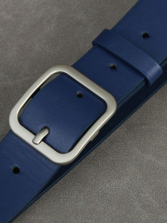 1pc Men's Trendy Ins Style Dark Blue Square Buckle Belt, Student Belt