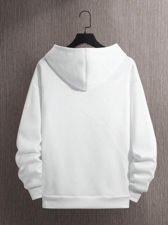 Men Bear Print Kangaroo Pocket Drawstring Thermal Hoodie