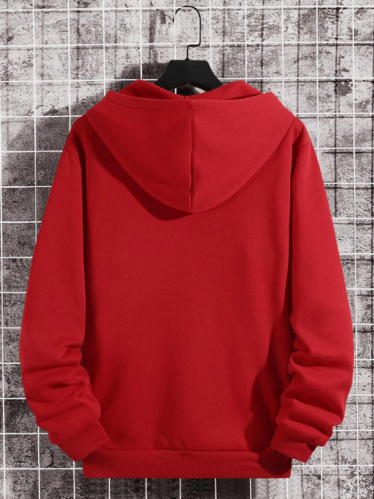 Men Bear Print Kangaroo Pocket Drawstring Thermal Hoodie