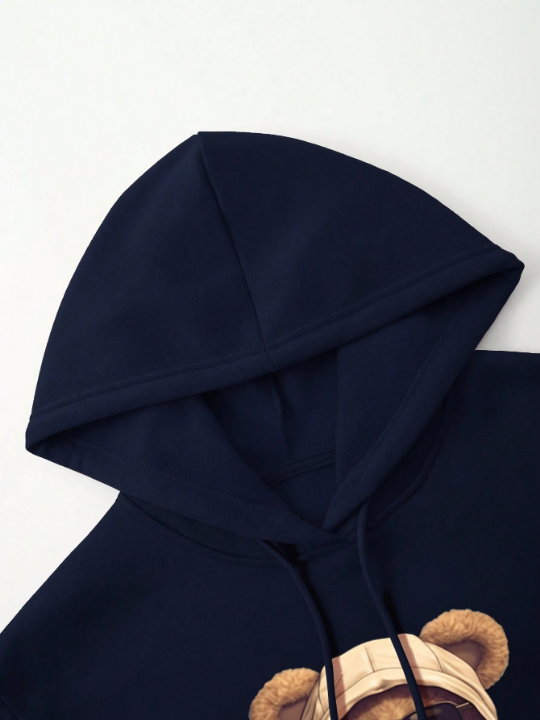 Men Bear Print Kangaroo Pocket Drawstring Thermal Hoodie