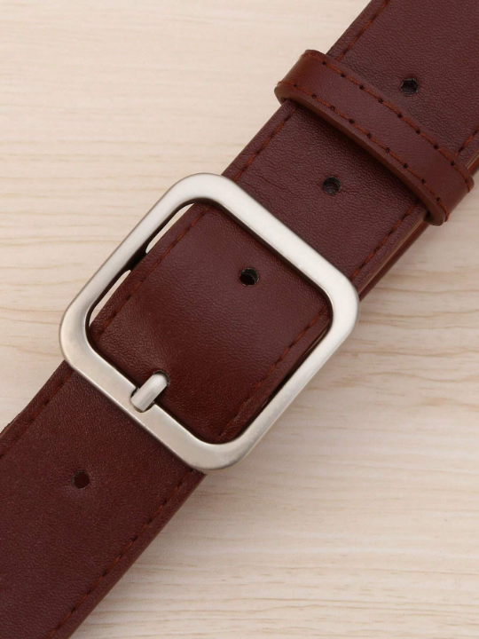 1pc Men's Coffee Colored Square Buckle Pu Fashion Belt
