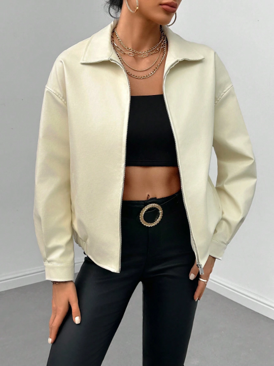 EZwear Drop Shoulder Zip Up PU Jacket