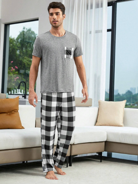 Men 1pc Buffalo Plaid Print Sleep Tee & 1pc Sleep Pants
