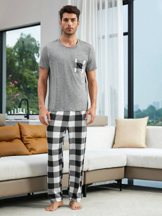 Men 1pc Buffalo Plaid Print Sleep Tee & 1pc Sleep Pants