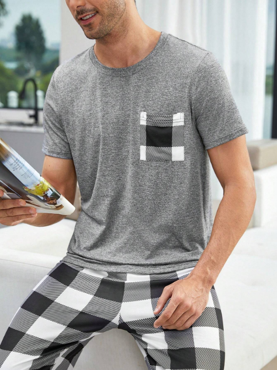 Men 1pc Buffalo Plaid Print Sleep Tee & 1pc Sleep Pants