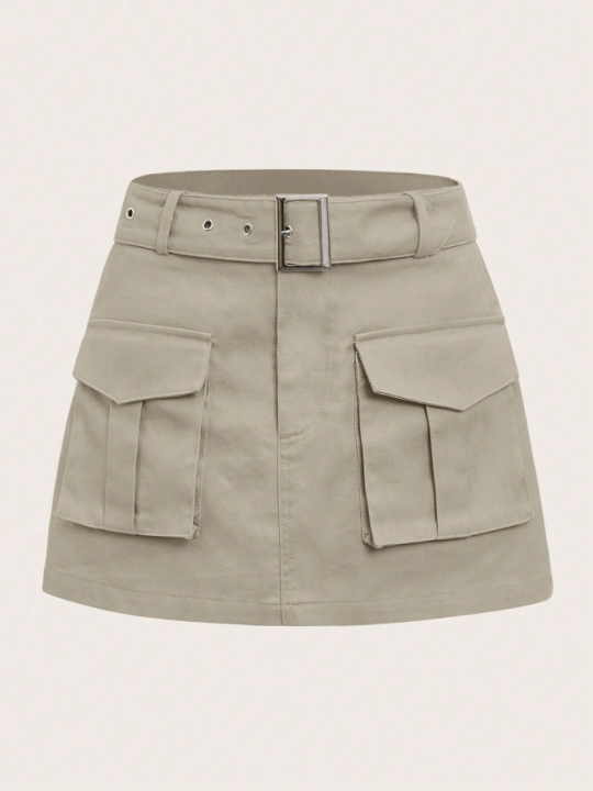 EZwear Grunge Black Flap Pocket Buckle Belted Cargo Skirt