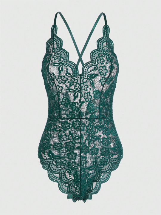 ROMWE Fairycore Floral Lace Scallop Trim Teddy Bodysuit