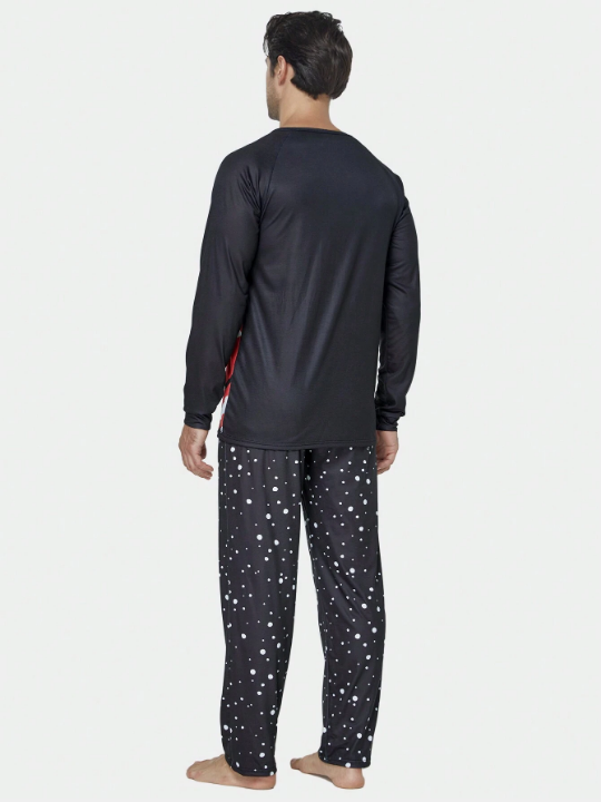 2pcs/set Men's Christmas Deer & Santa Claus Printed Long Sleeve Top And Long Pants Holiday Homewear Pajama Set