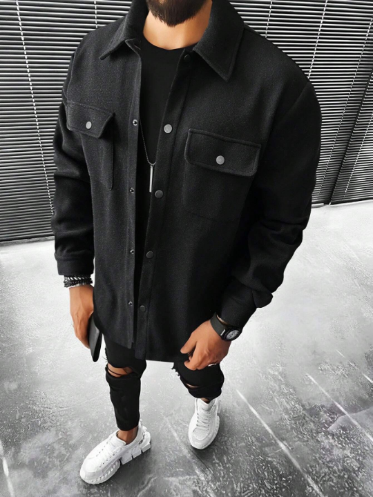 Manfinity Men Flap Pocket Button Front Overcoat