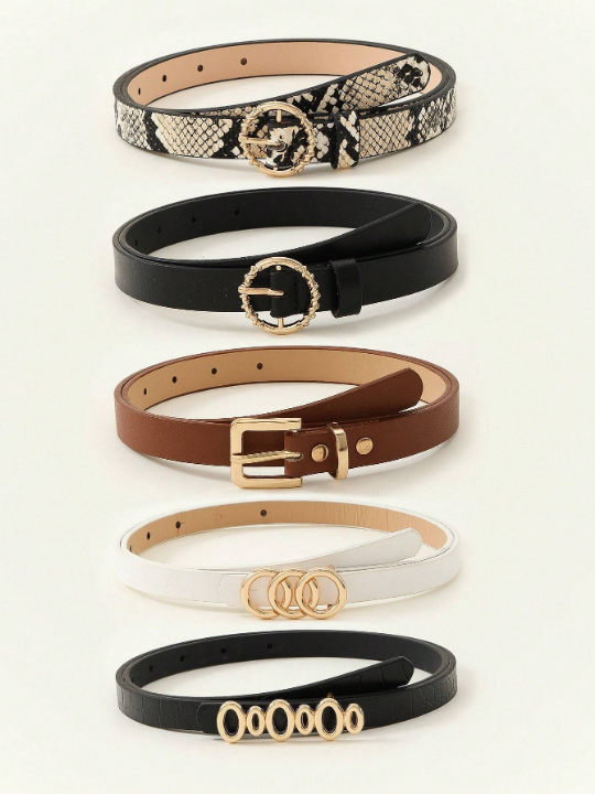 5pcs/Set Snake Pattern Thin Waist Belt For Women's Denim Jumpsuits/Dresses, Suitable For Daily Wear Casual