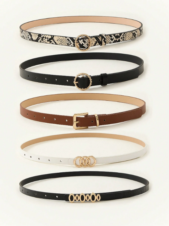 5pcs/Set Snake Pattern Thin Waist Belt For Women's Denim Jumpsuits/Dresses, Suitable For Daily Wear Casual