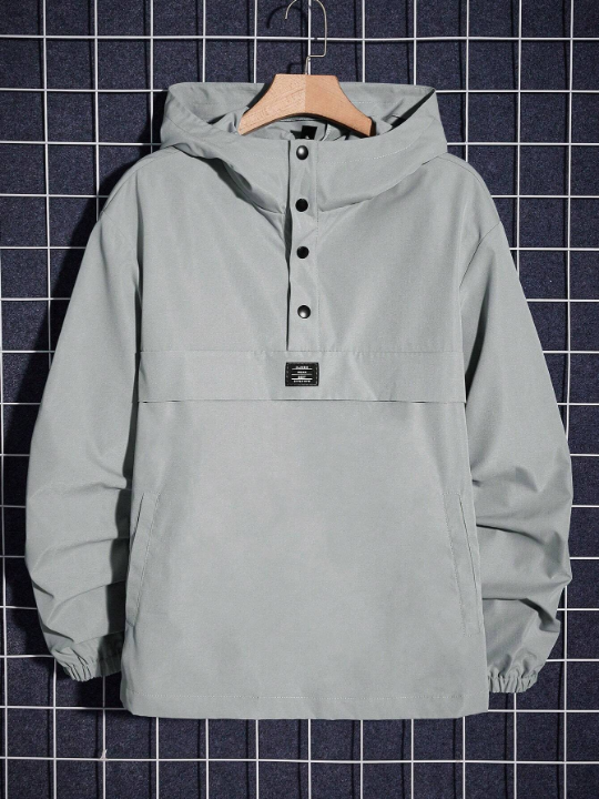 Manfinity Hypemode Loose-Fitting Men's Hooded Jacket With Half Button And Letter Patch Detail