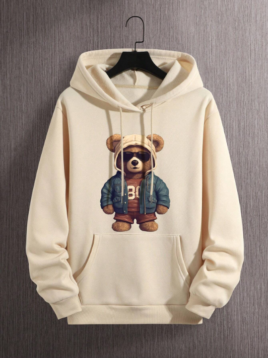 Men Bear Print Kangaroo Pocket Drawstring Thermal Hoodie