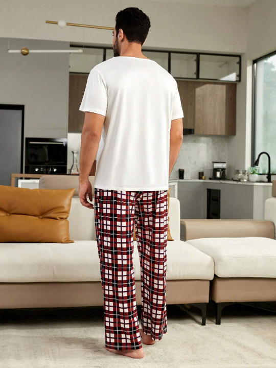 1pc Christmas Print Sleep Tee & 1pc Plaid Sleep Pants