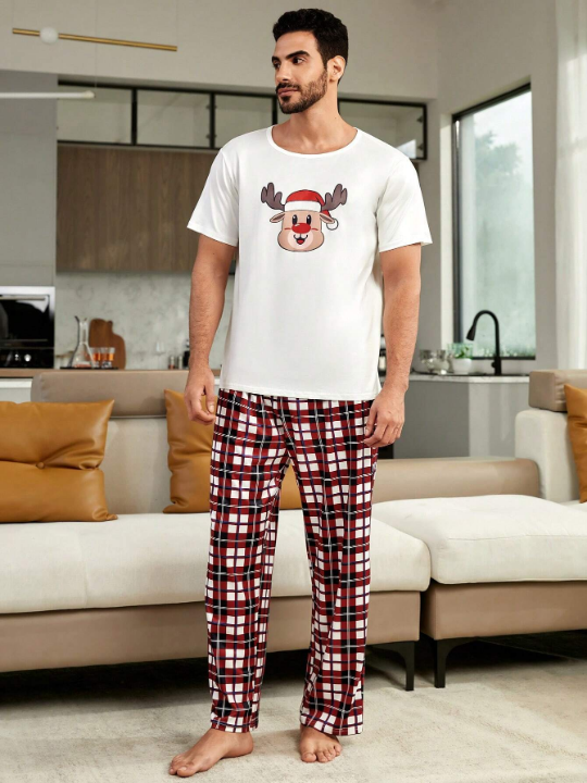 1pc Christmas Print Sleep Tee & 1pc Plaid Sleep Pants