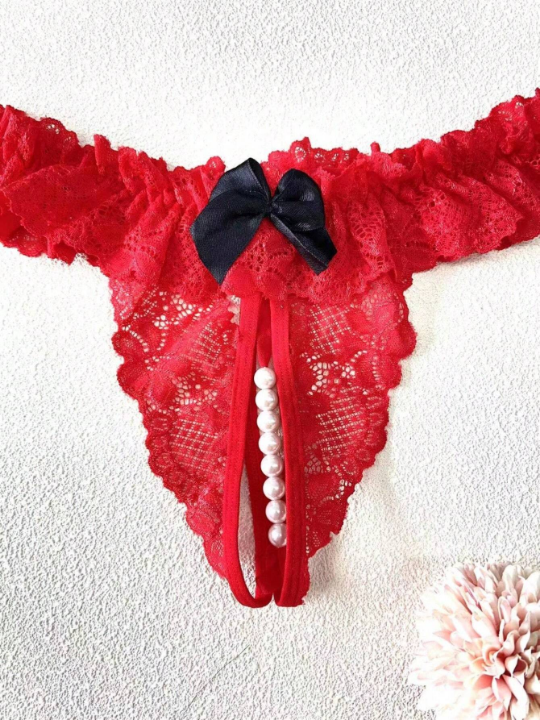 Sexy High Elasticity Pearl Detail Thongs Underwear For Women, Sheer Lace Temptation T-pants With Open Crotch