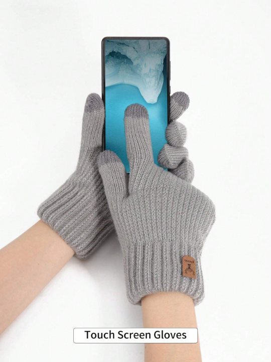 1 Pair Women's Winter Gray Touch Screen Gloves With Double Layers, Thick & Warm, Deer Skin Label Style, Knitted Full Finger Gloves Suitable For Party, Driving, Gaming, Cycling, Hiking, Writing