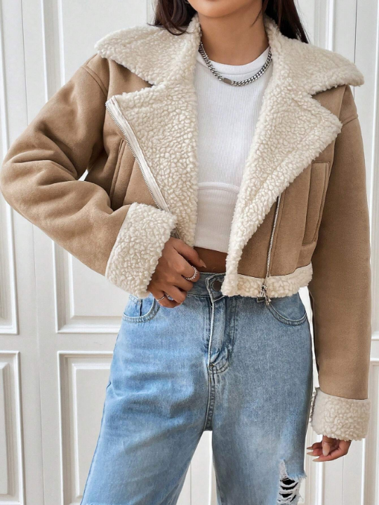 EZwear Spring Outfit Teddy Lined Zip Up Khaki Moto Jacket