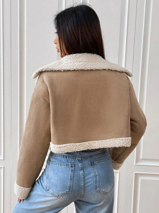 EZwear Spring Outfit Teddy Lined Zip Up Khaki Moto Jacket