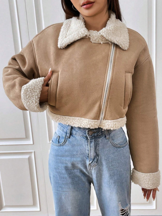 EZwear Spring Outfit Teddy Lined Zip Up Khaki Moto Jacket