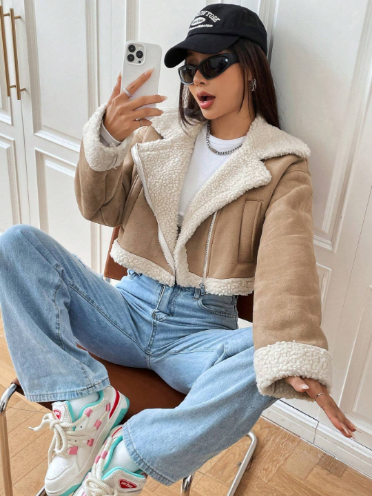 EZwear Spring Outfit Teddy Lined Zip Up Khaki Moto Jacket