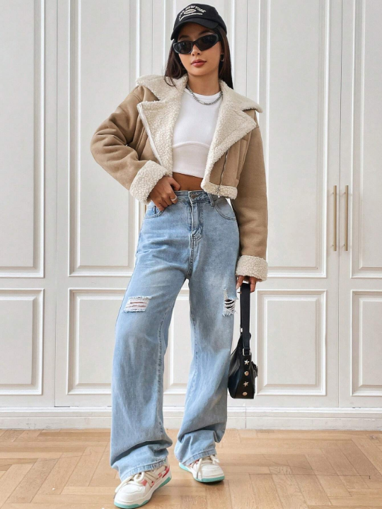 EZwear Spring Outfit Teddy Lined Zip Up Khaki Moto Jacket