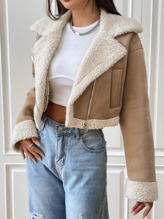EZwear Spring Outfit Teddy Lined Zip Up Khaki Moto Jacket