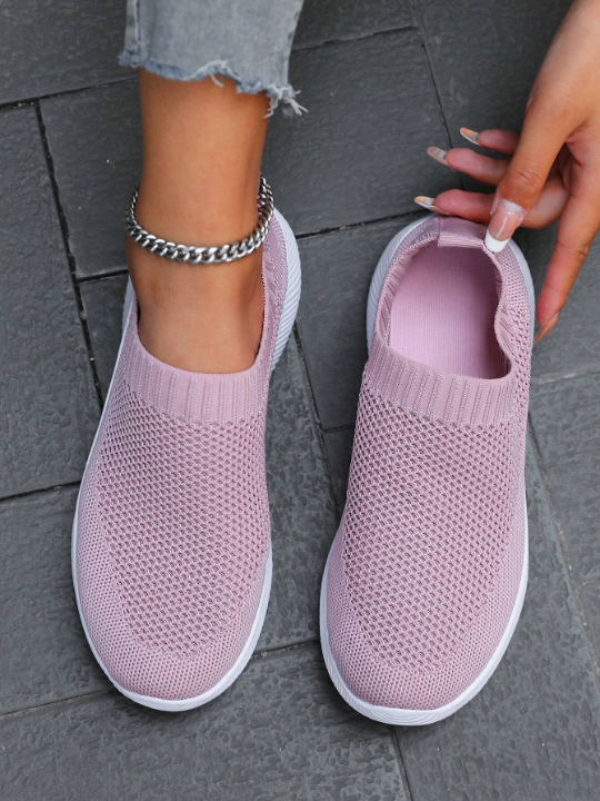 Spring And Autumn Fashionable Knitted, Lightweight, Breathable Slip-on Women's Running Shoes For Leisure