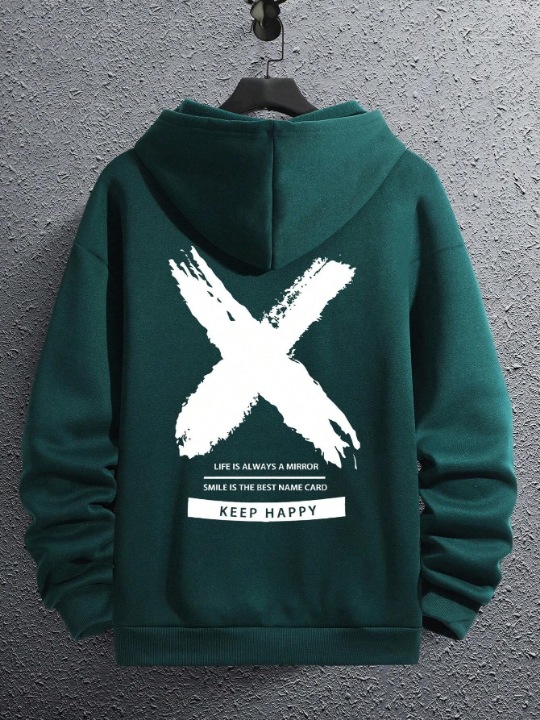 Men Slogan Graphic Kangaroo Pocket Drawstring Hoodie