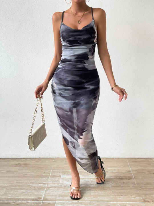 Priv Tie Dye Draped Collar Crisscross Backless Cami Dress