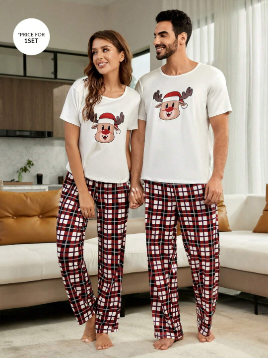 1pc Christmas Print Sleep Tee & 1pc Plaid Sleep Pants