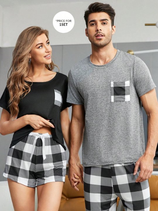 Men 1pc Buffalo Plaid Print Sleep Tee & 1pc Sleep Pants