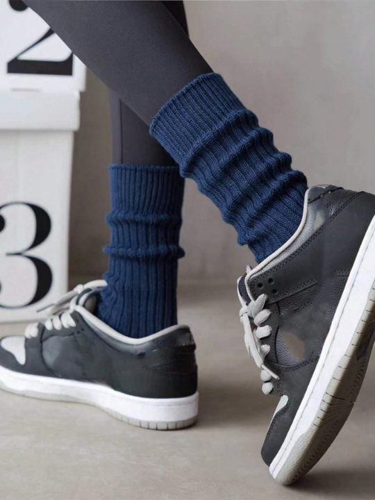 1 Pair Unisex Solid Color Thick Thread Mid-calf Socks With Vertical Stripe Design, Daily Wear, Simple Style