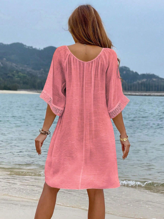 VCAY Tassel Tie Neck Raglan Sleeve Cover Up Dress