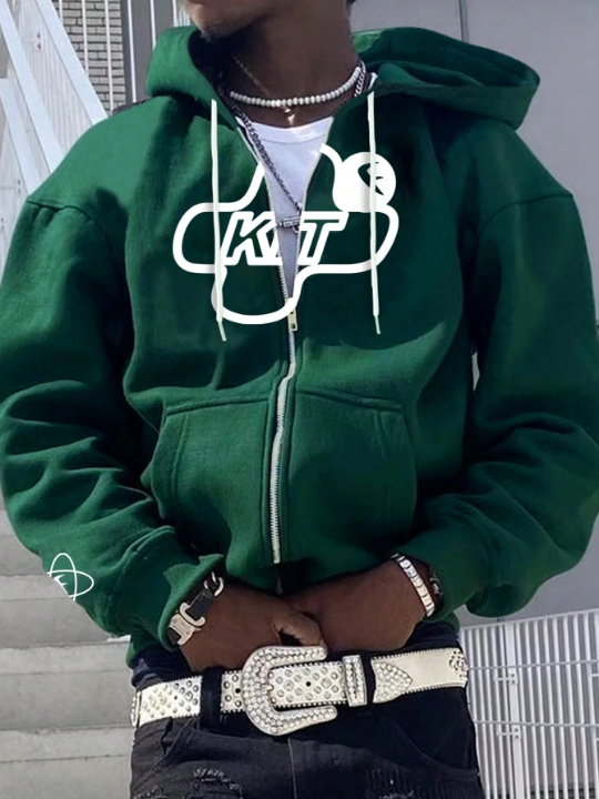 Manfinity Homme Loose Fit Men's Letter Graphic Zipper Up Drop Shoulder Hoodie