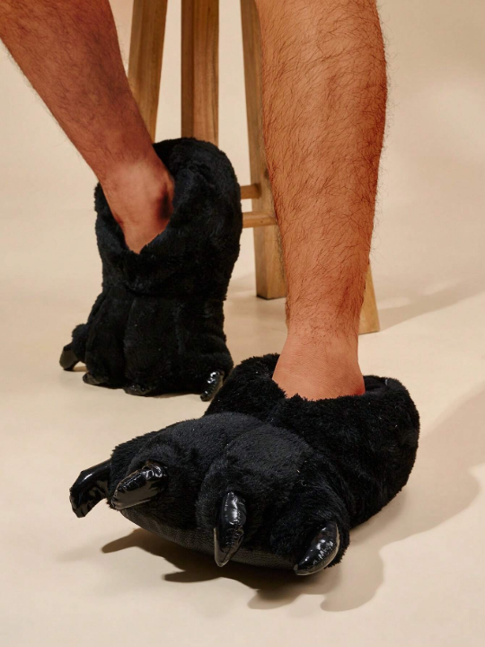 Men's Fun Plush Claw Flat Heel Slippers With Warmth & Comfort, Black