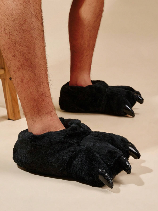 Men's Fun Plush Claw Flat Heel Slippers With Warmth & Comfort, Black
