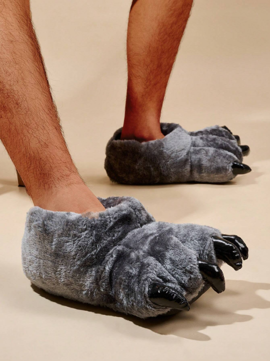 Men's Novelty Plush Warm Paw Flat Heel Slippers, Black Cozy Shoes