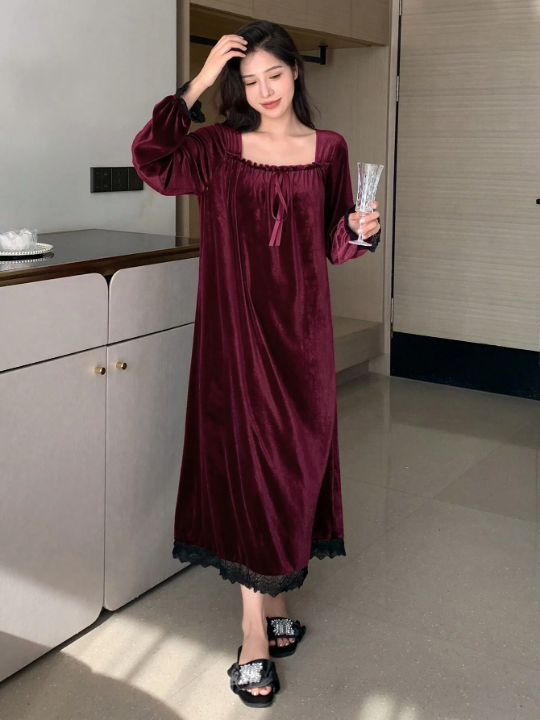 DAZY Contrast Lace Trim Square Neck Night Dress