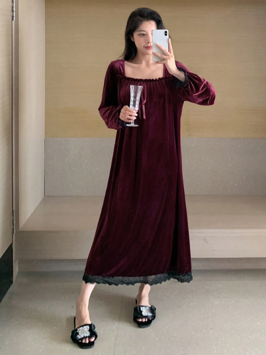 DAZY Contrast Lace Trim Square Neck Night Dress