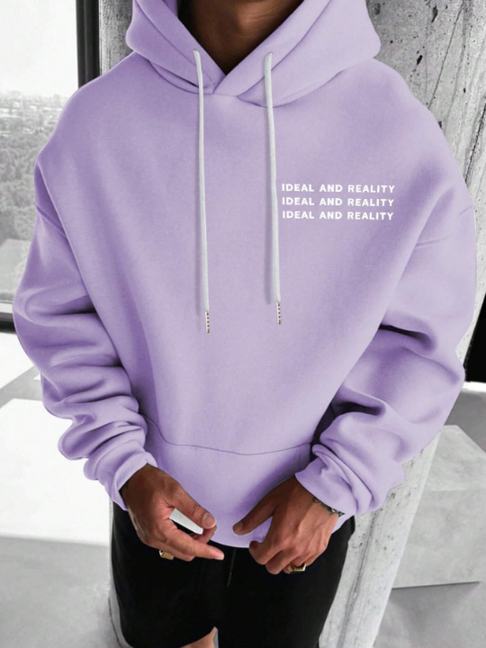 Manfinity Homme Loose Fit Men's Hooded Sweatshirt With Printed Slogan And Warm Lining