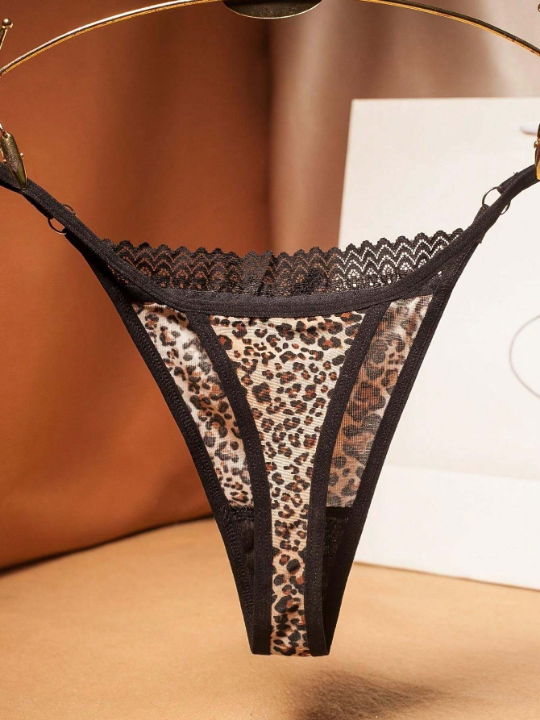 Sexy Leopard Print & Lace Patchwork, Soft Brushed Crotchless Thong Panties