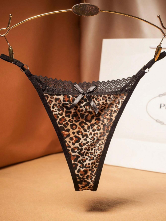 Sexy Leopard Print & Lace Patchwork, Soft Brushed Crotchless Thong Panties