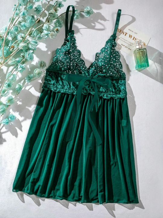 Pure Desire Contrast Lace Mesh Cami Dress Without Thong