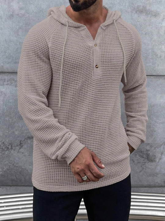 Manfinity Homme Loose Men's Half Button Raglan Sleeve Drawstring Hoodie