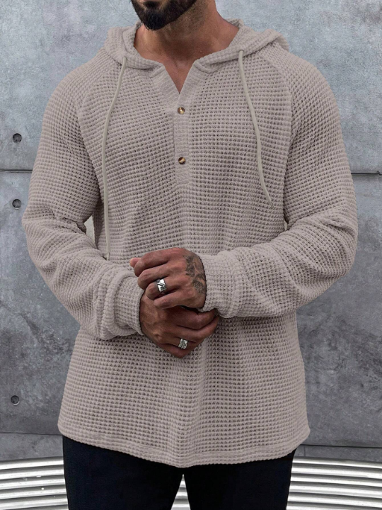 Manfinity Homme Loose Men's Half Button Raglan Sleeve Drawstring Hoodie