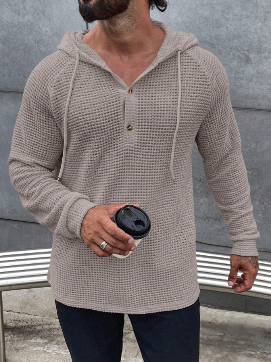 Manfinity Homme Loose Men's Half Button Raglan Sleeve Drawstring Hoodie