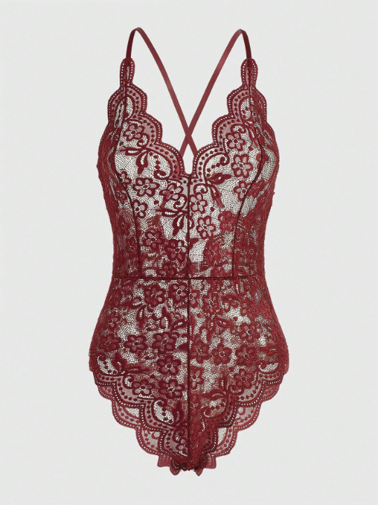 ROMWE Kawaii Floral Lace Scallop Trim Teddy Bodysuit